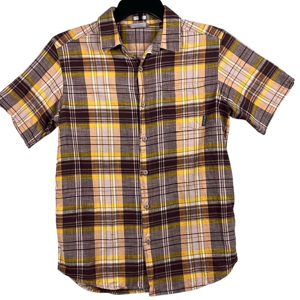 Columbia Short Sleeve Button Up Shirt Mens Size Medium‎ Plaid Brown Yellow